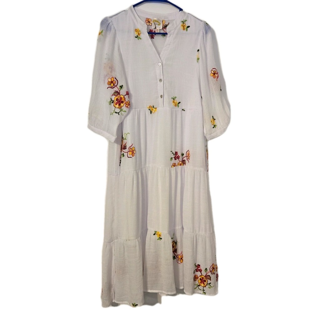 Fig & Flower White Gauze Embroidered Baby Doll Peasant Dress With Slip Medium